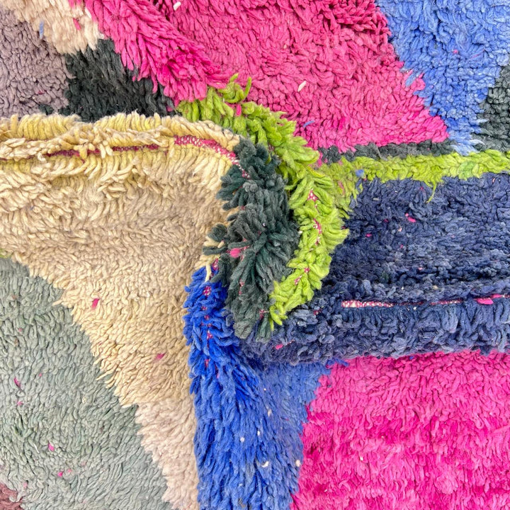 Vintage Moroccan wool rug 853 – colorful abstract handmade Berber carpet in pink, blue, green, and beige (287 × 209 cm / 9.41 × 6.86 ft).