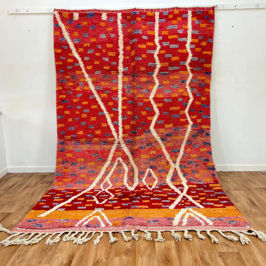 Vintage Moroccan wool rug 832 – handmade red and orange abstract Berber carpet with geometric details (292 × 190 cm / 9.57 × 6.23 ft).