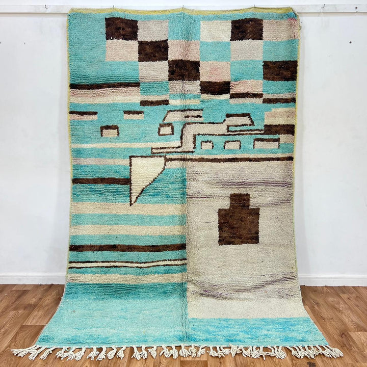Vintage Moroccan Wool Rug – Aqua Blue &amp; Cream Geometric Design 748