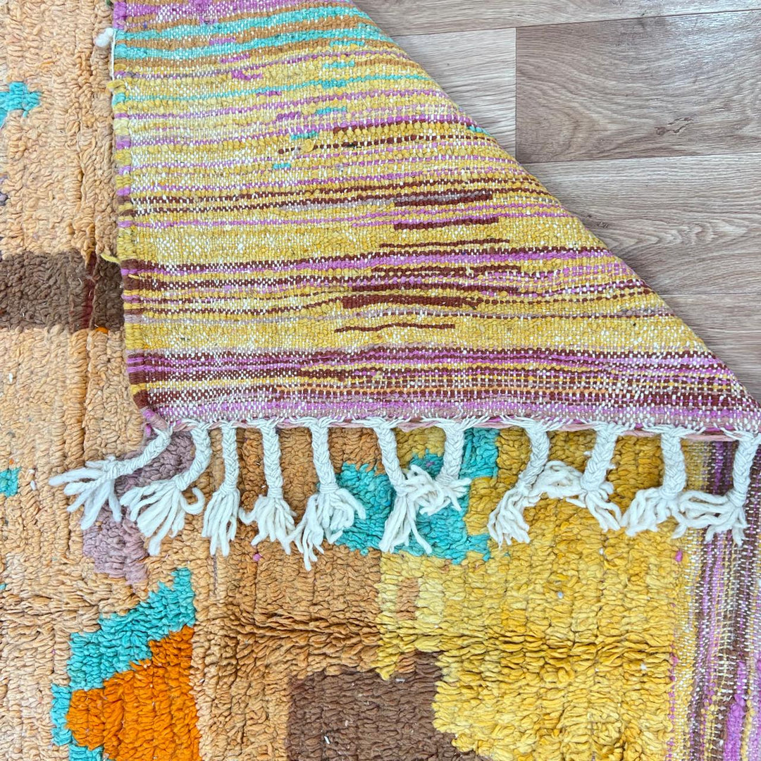 Vintage Moroccan wool rug 833 – handmade Berber carpet with orange, yellow, green, and purple tribal geometric patterns, 284 × 196 cm (9.31 × 6.43 ft).