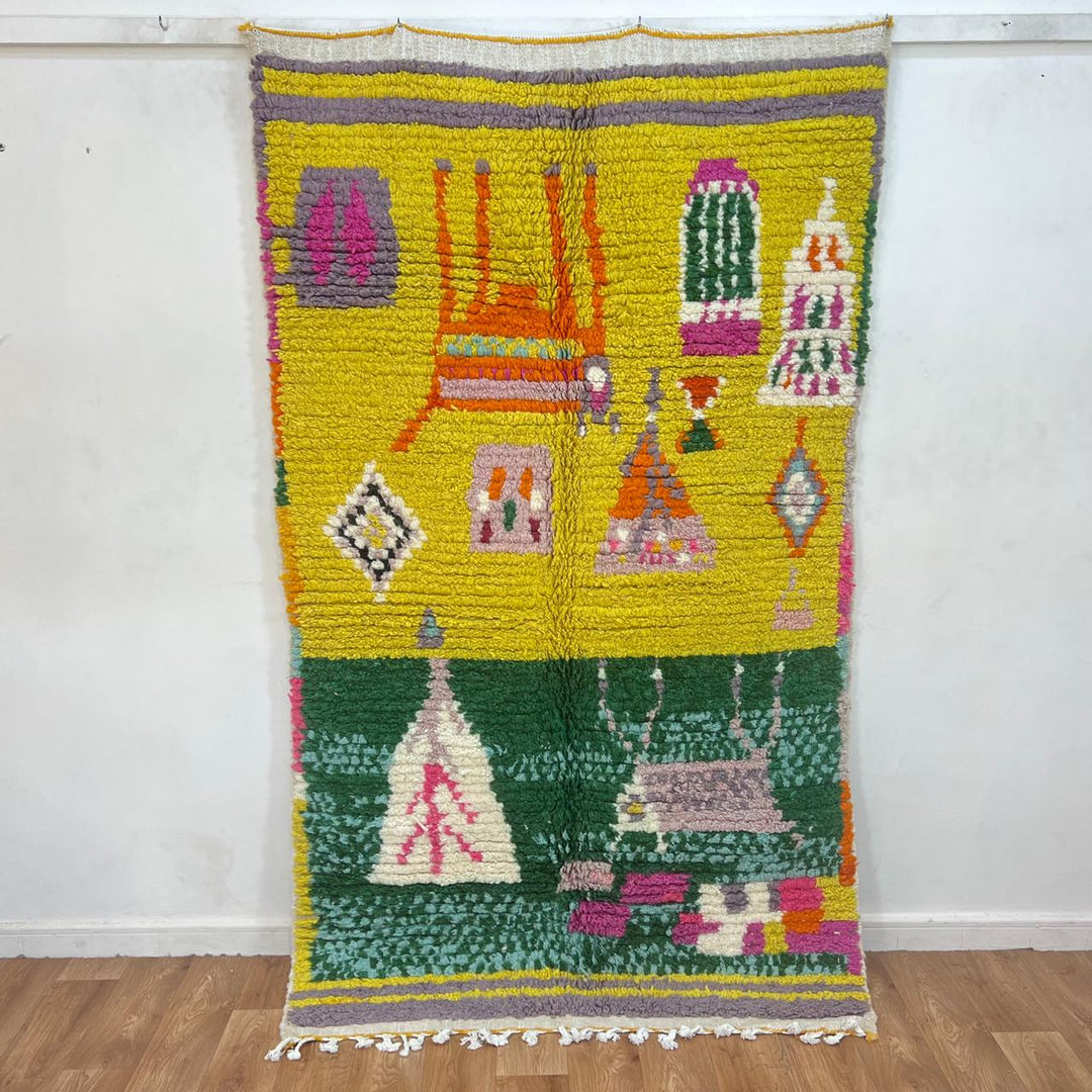 Vintage Moroccan Wool Rug 14 – handmade yellow and green Berber rug with colorful tribal motifs (211 × 126 cm).