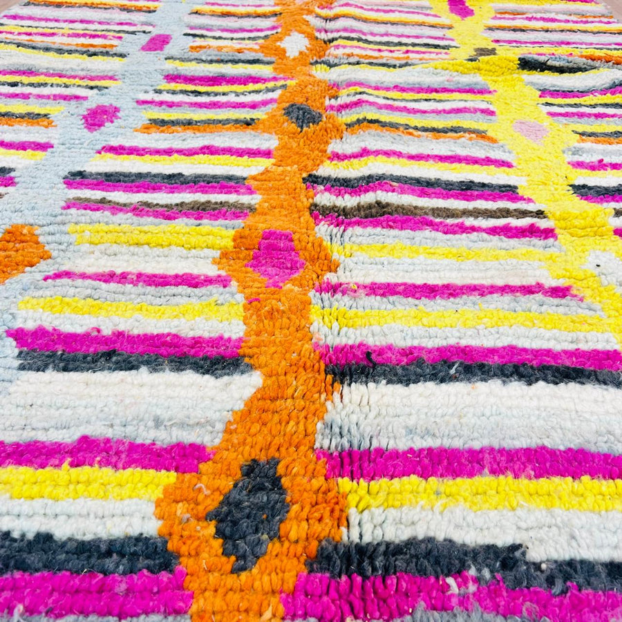 Vintage Moroccan striped wool rug with colorful geometric stripes, handmade Berber carpet 243x157 cm