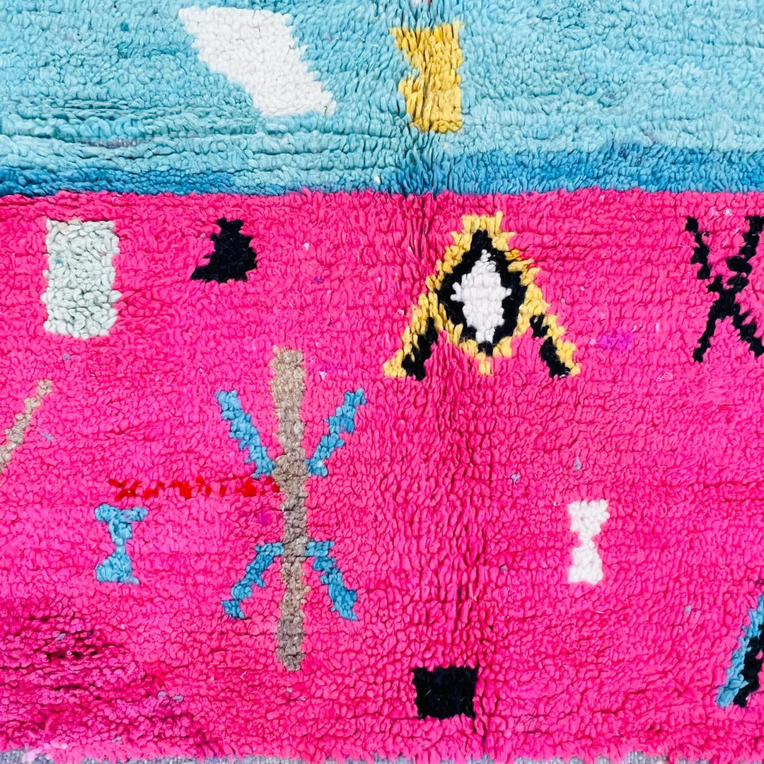 Vintage Moroccan wool rug with colorful geometric Berber patterns in yellow, pink, turquoise and ivory, handmade in Morocco, rug 461