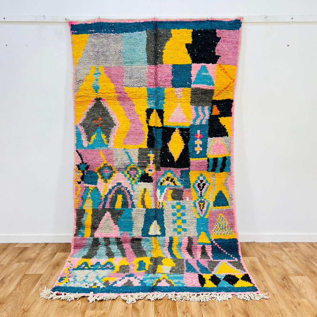 Vintage Moroccan Rug – Pink Yellow Blue Geometric 620