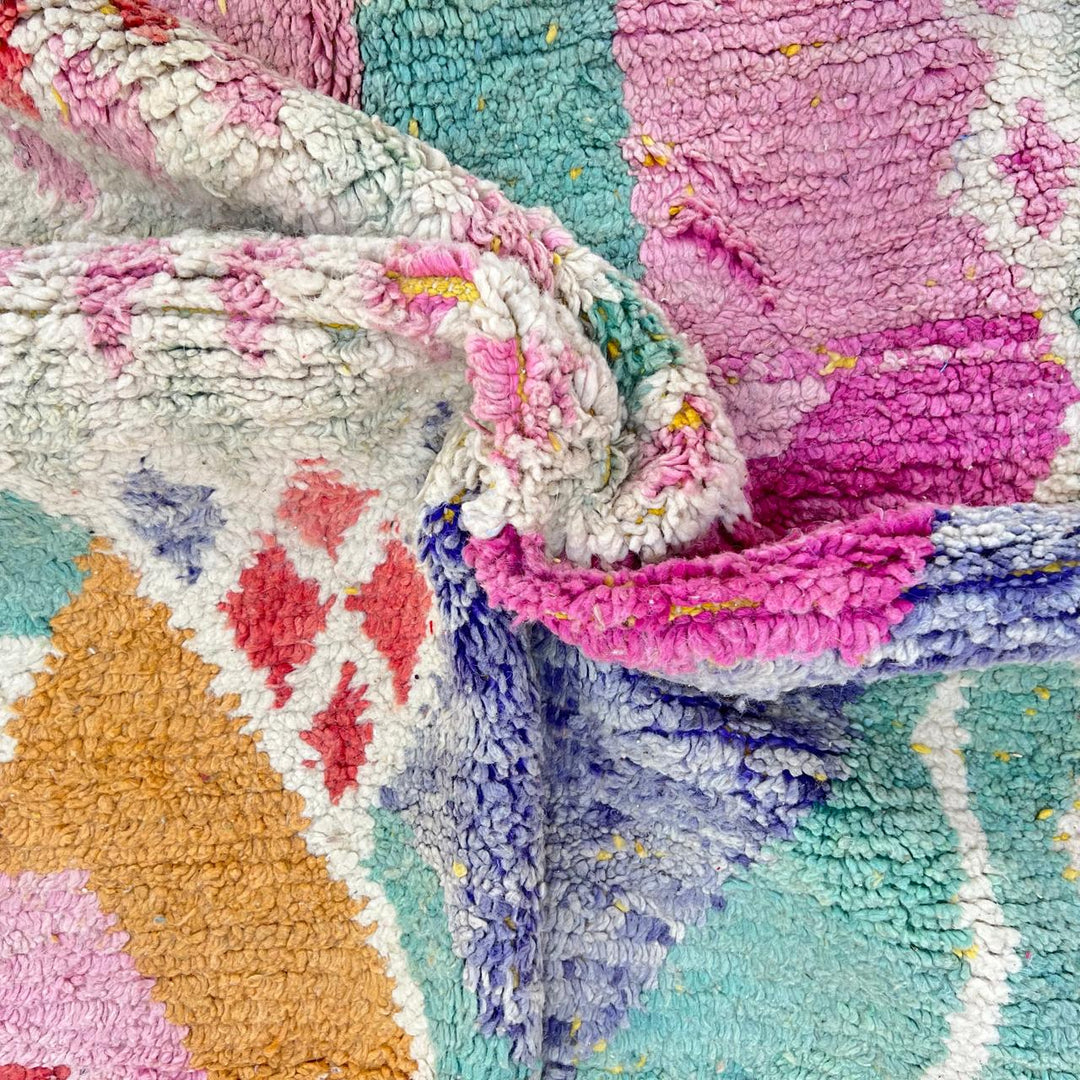 Vintage Moroccan wool rug 831 – handmade Berber carpet with colorful geometric abstract patterns, 305 × 187 cm (10.00 × 6.13 ft).