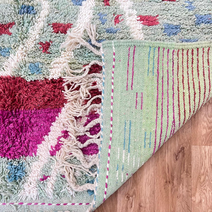 Vintage Moroccan wool rug 847 – handmade Berber carpet with mint green background and red-blue tribal dots, 286 × 198 cm (9.38 × 6.50 ft).