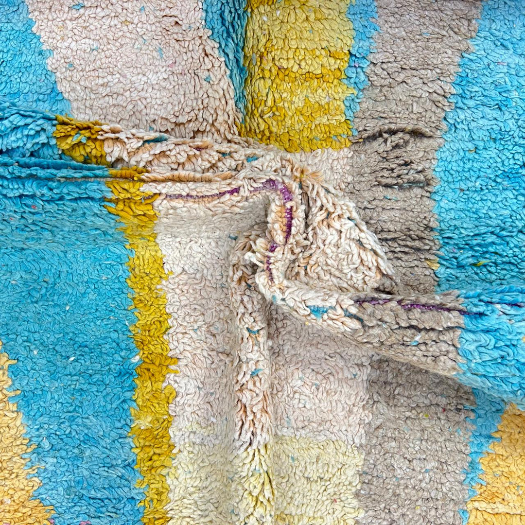 Vintage Moroccan wool rug 783 – handwoven Berber carpet with aqua blue, mustard, and cream abstract pattern, 253 × 151 cm (8.30 × 4.95 ft).