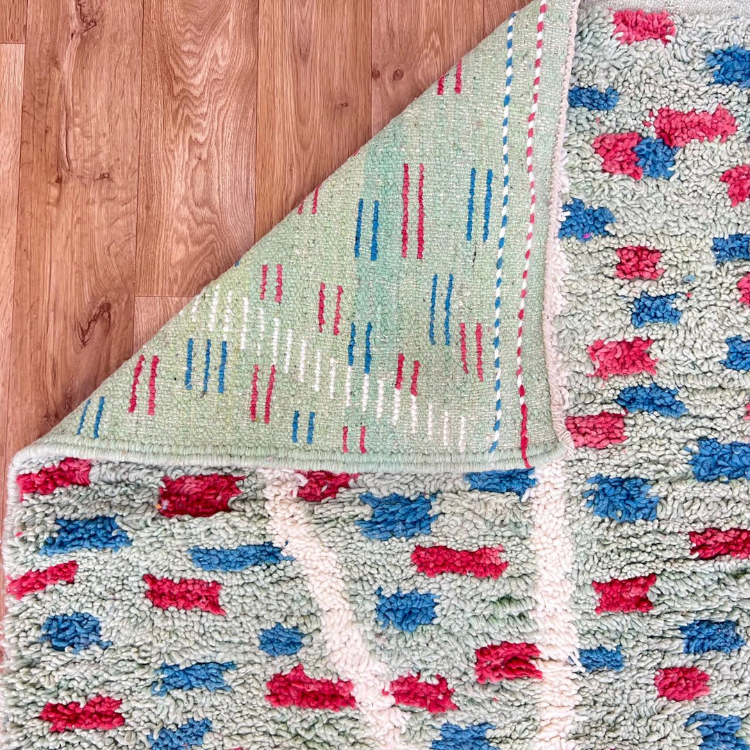 Vintage Moroccan wool rug 847 – handmade Berber carpet with mint green background and red-blue tribal dots, 286 × 198 cm (9.38 × 6.50 ft).