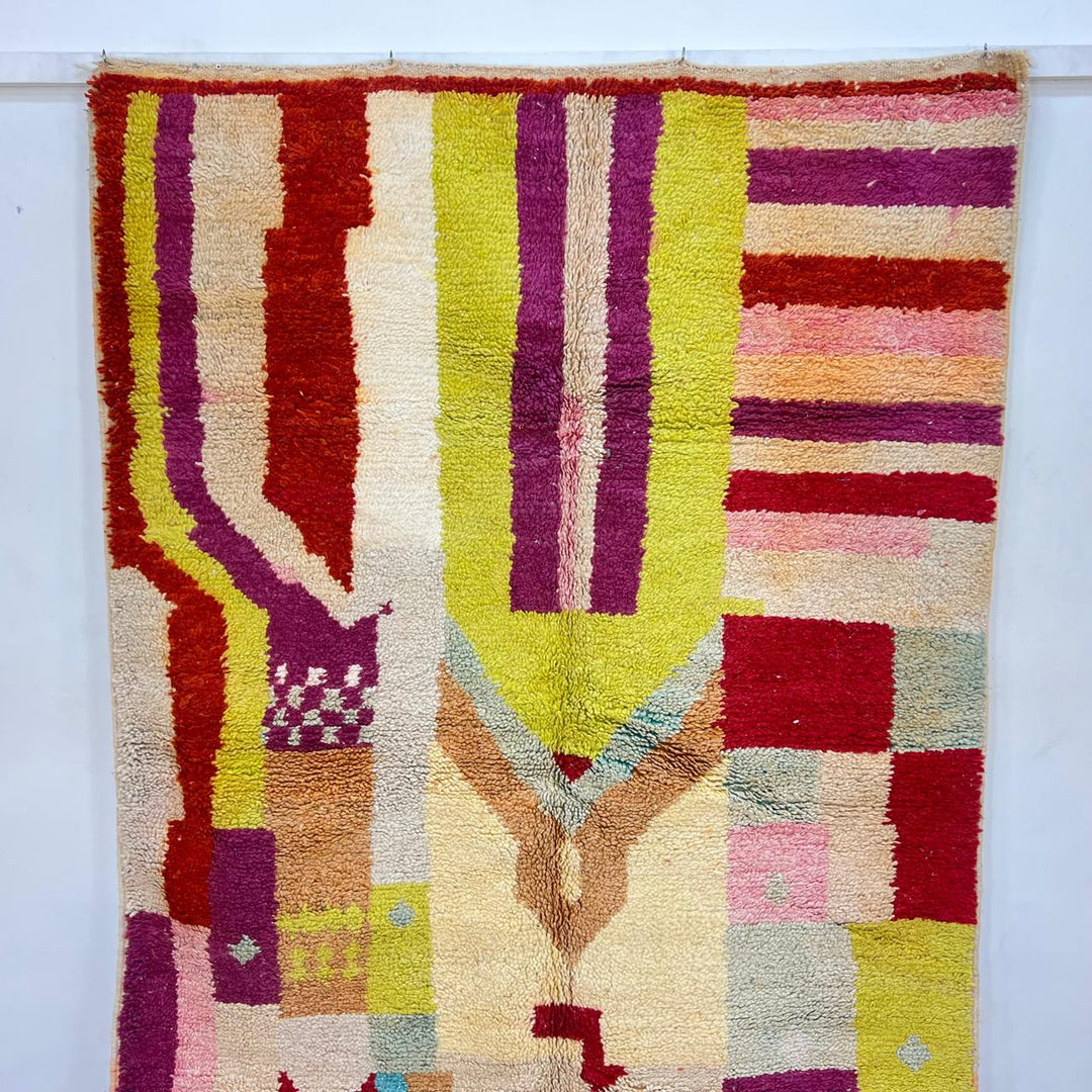 Vintage Moroccan wool rug 797 – colorful handmade Berber carpet with abstract patterns (243 × 154 cm / 7.97 × 5.05 ft).