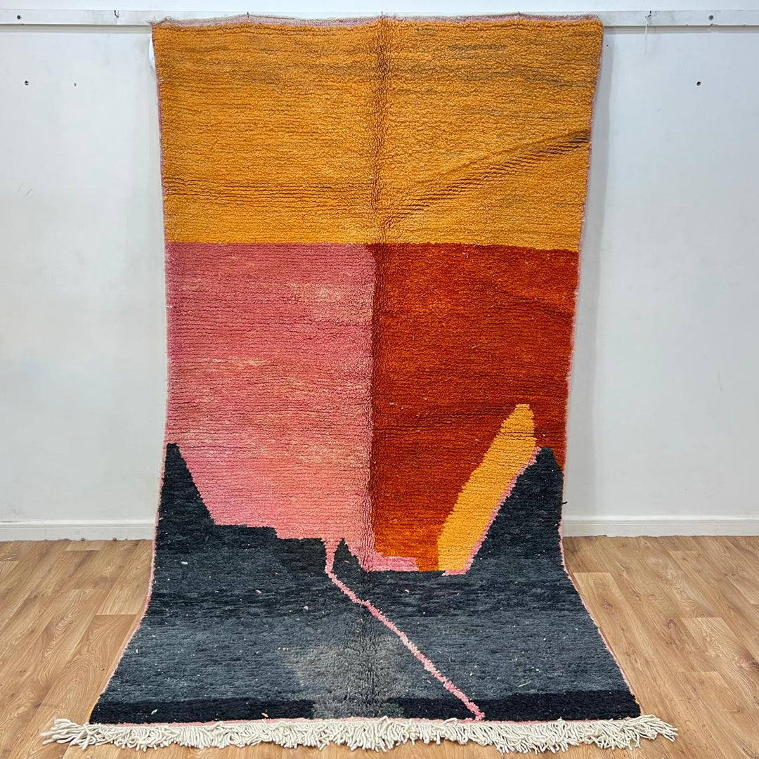 Vintage Moroccan wool rug 149 – handmade abstract design in orange, pink, and terracotta tones (283 × 155 cm).