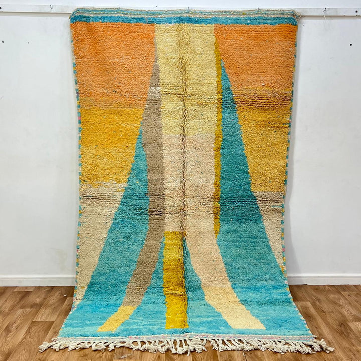 Vintage Moroccan wool rug 783 – handwoven Berber carpet with aqua blue, mustard, and cream abstract pattern, 253 × 151 cm (8.30 × 4.95 ft).