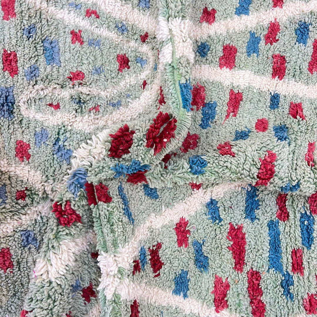 Vintage Moroccan wool rug 847 – handmade Berber carpet with mint green background and red-blue tribal dots, 286 × 198 cm (9.38 × 6.50 ft).