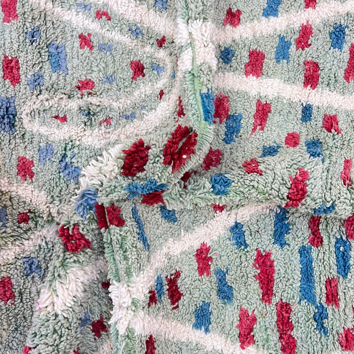 Vintage Moroccan wool rug 847 – handmade Berber carpet with mint green background and red-blue tribal dots, 286 × 198 cm (9.38 × 6.50 ft).