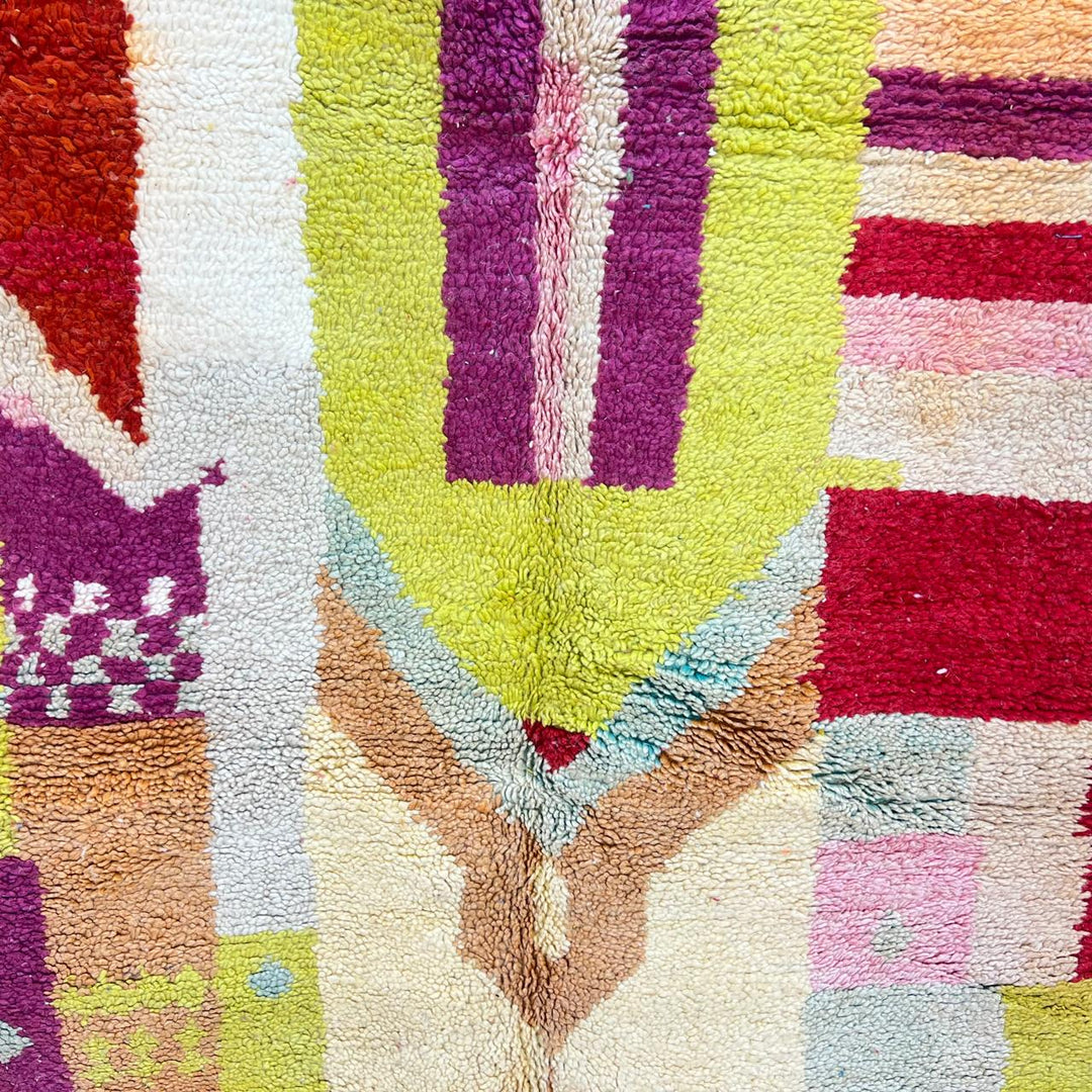 Vintage Moroccan wool rug 797 – colorful handmade Berber carpet with abstract patterns (243 × 154 cm / 7.97 × 5.05 ft).