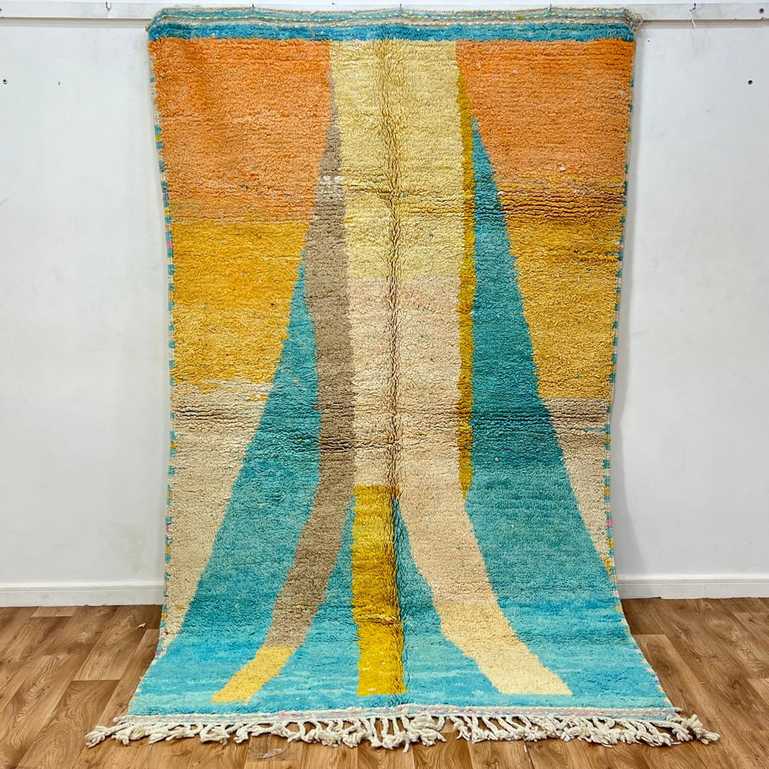 Vintage Moroccan wool rug 783 – handwoven Berber carpet with aqua blue, mustard, and cream abstract pattern, 253 × 151 cm (8.30 × 4.95 ft).