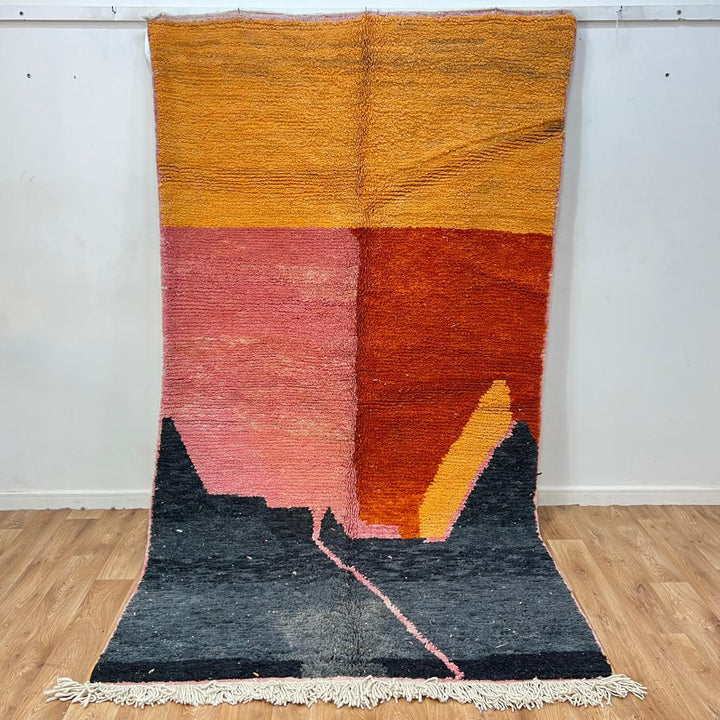 Vintage Moroccan wool rug 149 – handmade abstract design in orange, pink, and terracotta tones (283 × 155 cm).