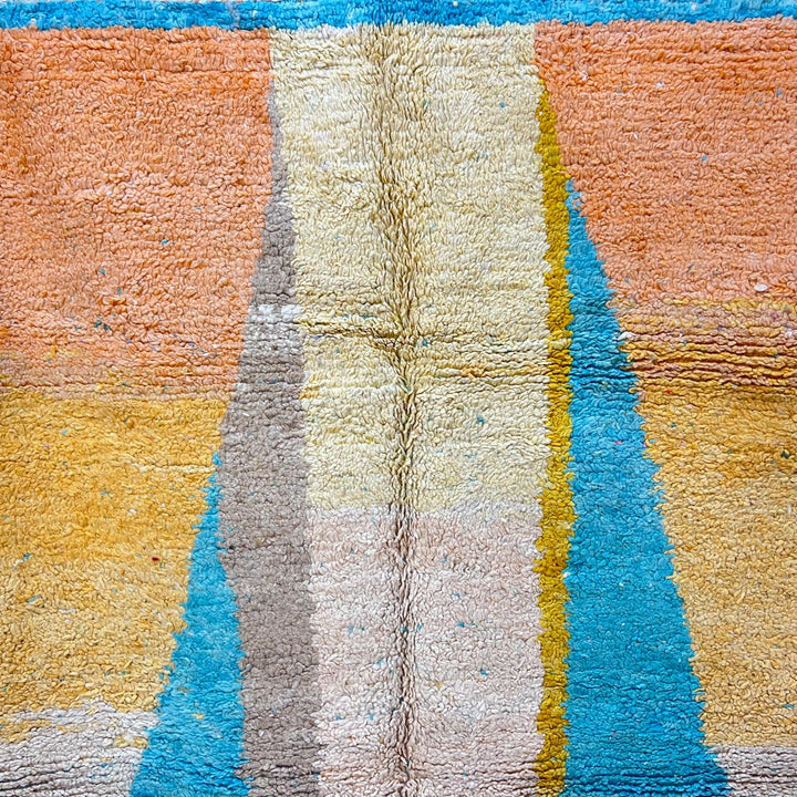 Vintage Moroccan wool rug 783 – handwoven Berber carpet with aqua blue, mustard, and cream abstract pattern, 253 × 151 cm (8.30 × 4.95 ft).