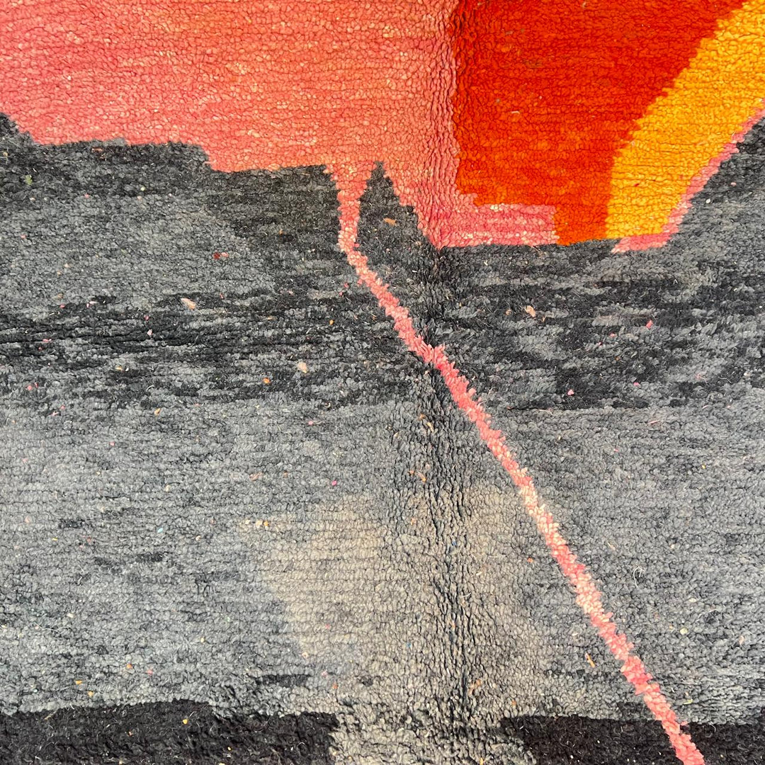 Vintage Moroccan wool rug 149 – handmade abstract design in orange, pink, and terracotta tones (283 × 155 cm).