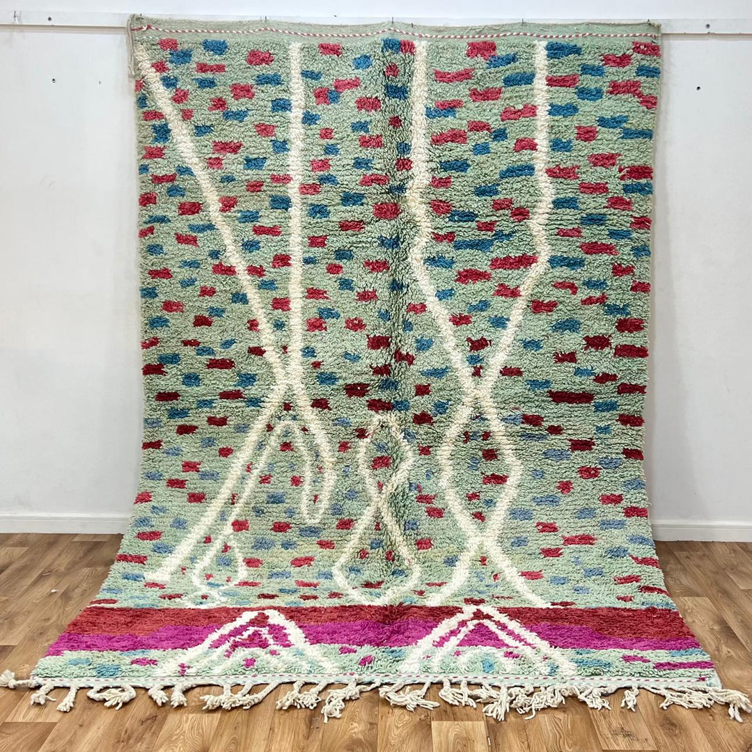 Vintage Moroccan wool rug 847 – handmade Berber carpet with mint green background and red-blue tribal dots, 286 × 198 cm (9.38 × 6.50 ft).