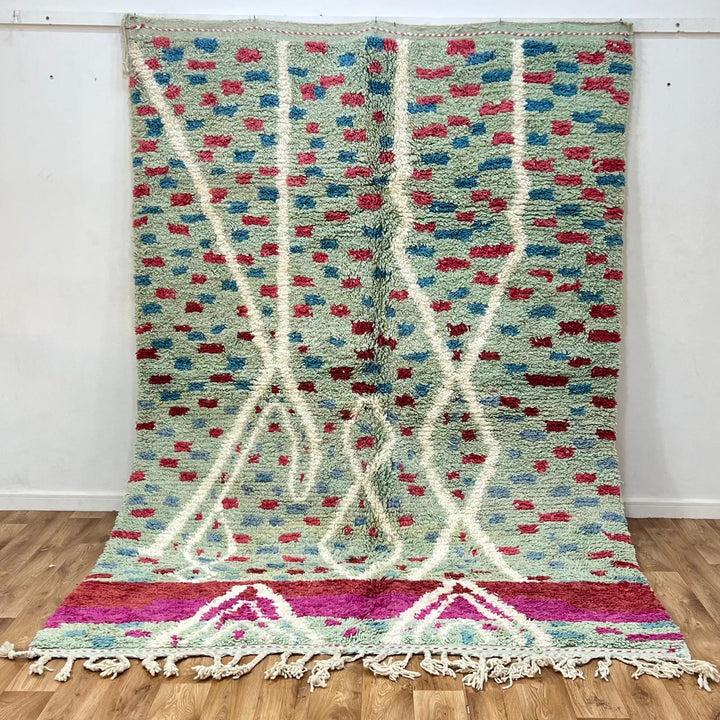 Vintage Moroccan wool rug 847 – handmade Berber carpet with mint green background and red-blue tribal dots, 286 × 198 cm (9.38 × 6.50 ft).