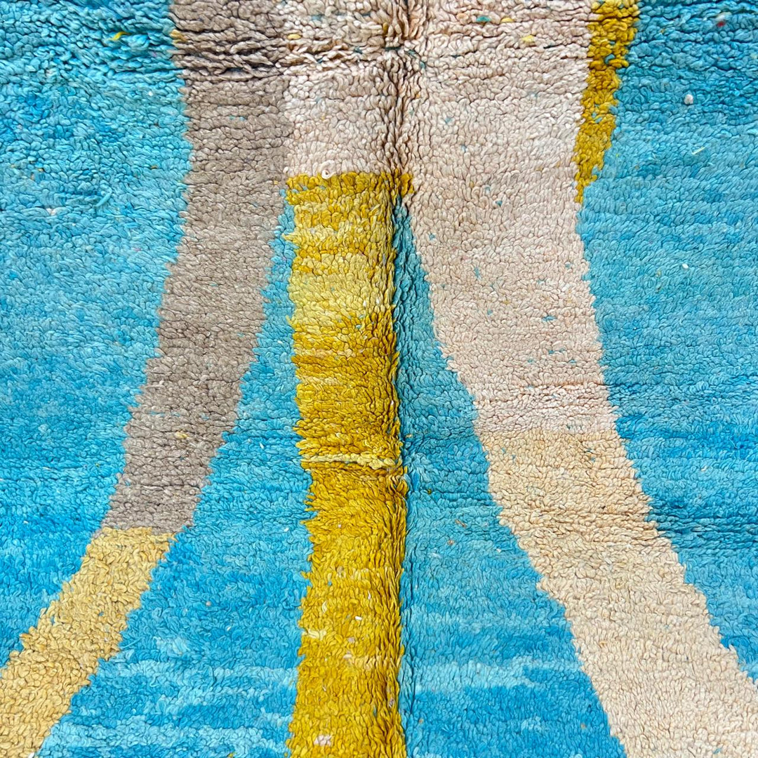 Vintage Moroccan wool rug 783 – handwoven Berber carpet with aqua blue, mustard, and cream abstract pattern, 253 × 151 cm (8.30 × 4.95 ft).