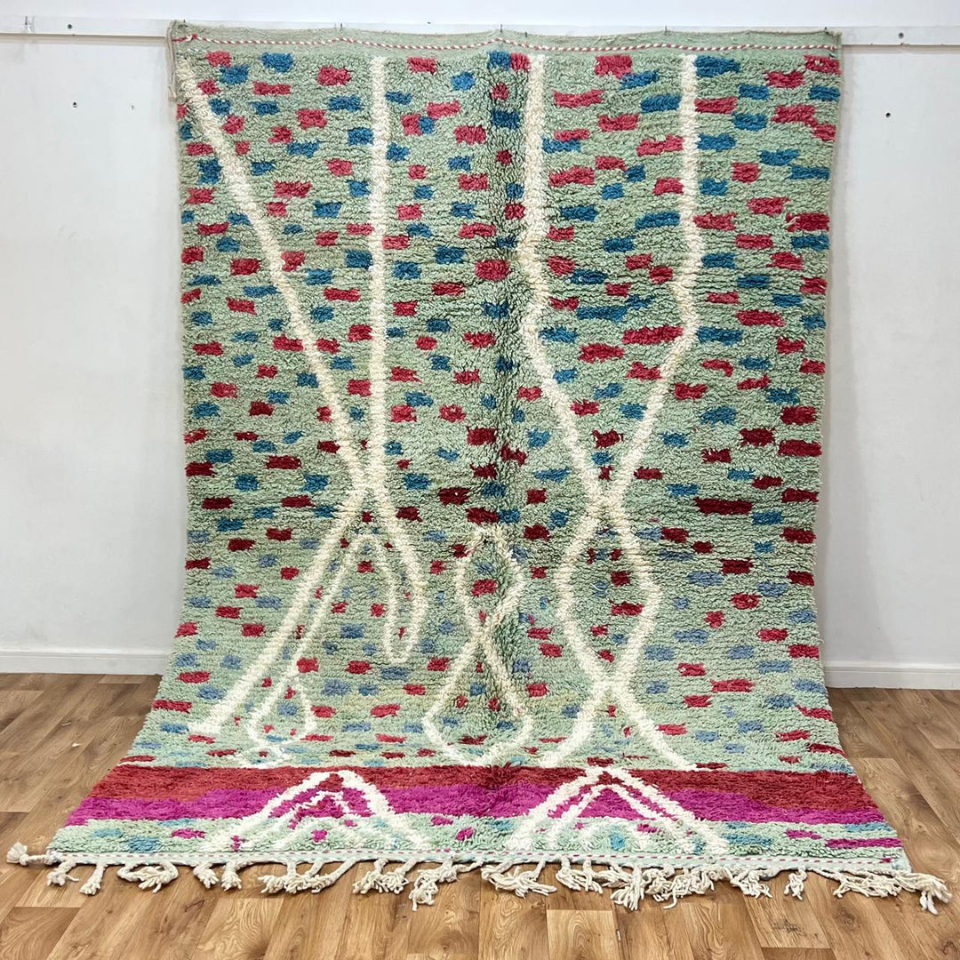 Vintage Moroccan wool rug 847 – handmade Berber carpet with mint green background and red-blue tribal dots, 286 × 198 cm (9.38 × 6.50 ft).