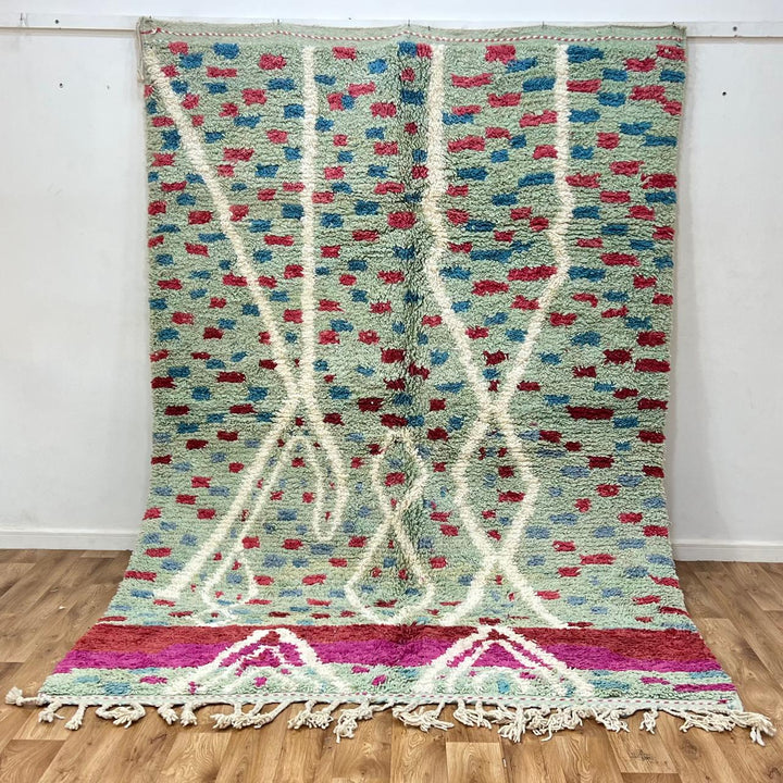 Vintage Moroccan wool rug 847 – handmade Berber carpet with mint green background and red-blue tribal dots, 286 × 198 cm (9.38 × 6.50 ft).
