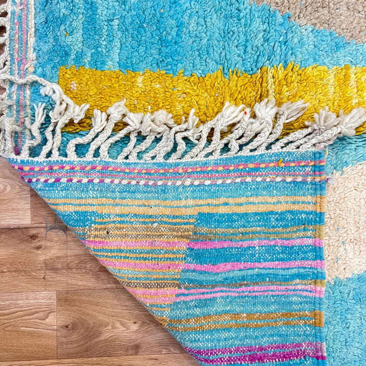 Vintage Moroccan wool rug 783 – handwoven Berber carpet with aqua blue, mustard, and cream abstract pattern, 253 × 151 cm (8.30 × 4.95 ft).