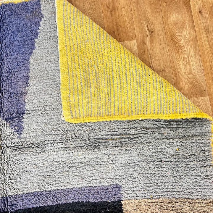 Vintage Moroccan wool rug 869 – handmade Berber carpet with color blocks in pink, green, blue, and orange. 232 × 190 cm (7.61 × 6.23 ft).