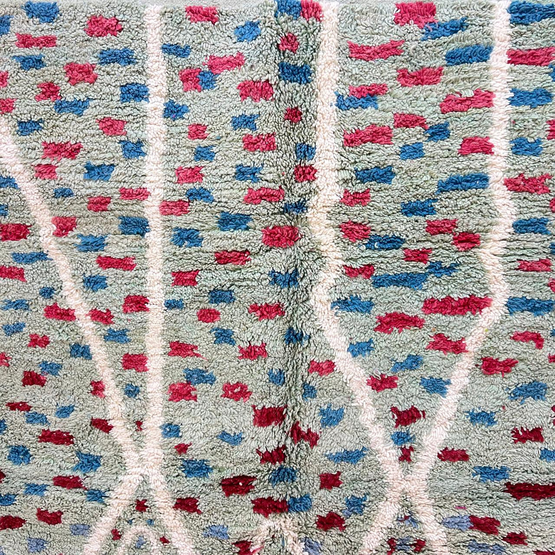 Vintage Moroccan wool rug 847 – handmade Berber carpet with mint green background and red-blue tribal dots, 286 × 198 cm (9.38 × 6.50 ft).