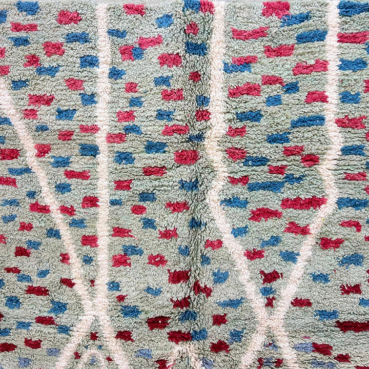 Vintage Moroccan wool rug 847 – handmade Berber carpet with mint green background and red-blue tribal dots, 286 × 198 cm (9.38 × 6.50 ft).