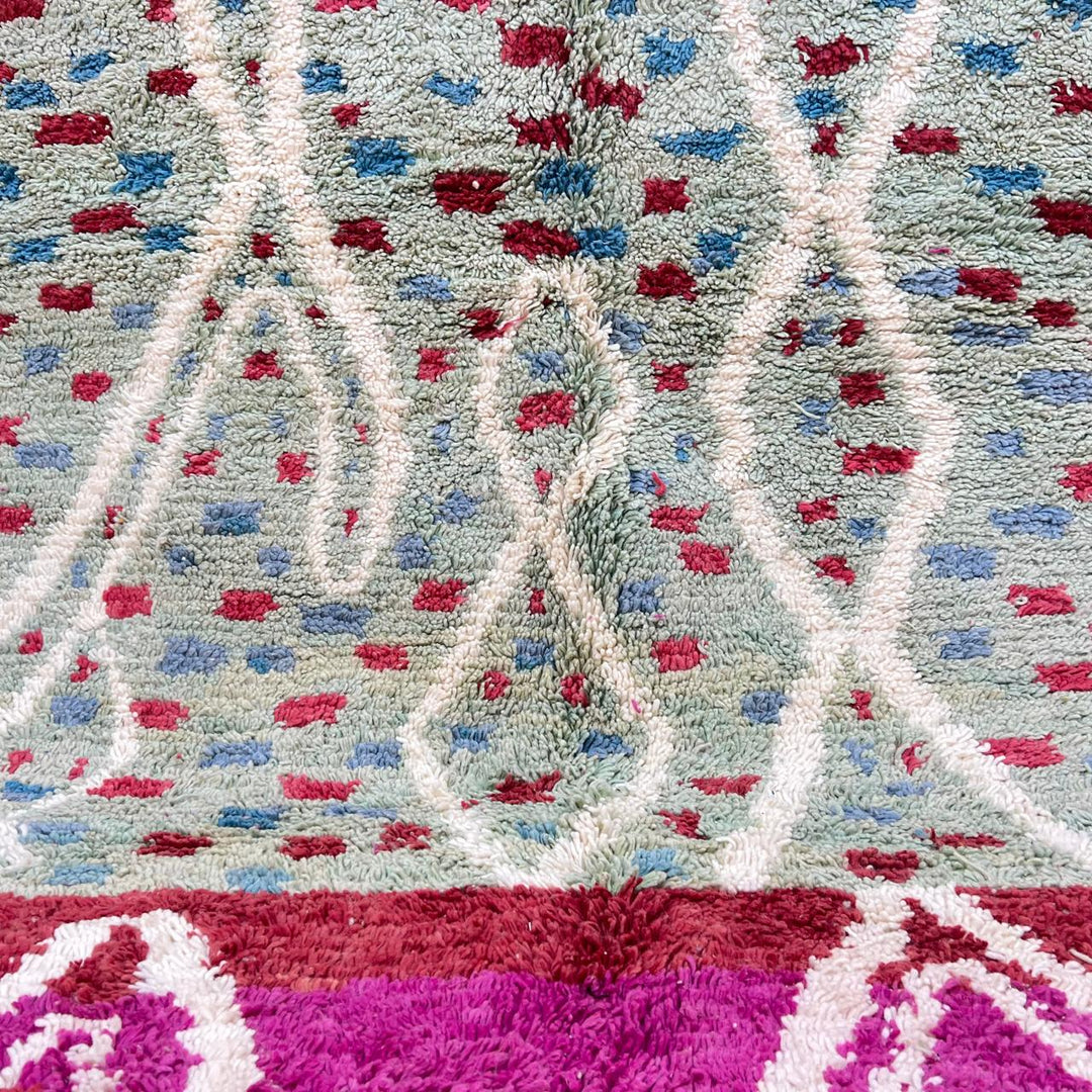 Vintage Moroccan wool rug 847 – handmade Berber carpet with mint green background and red-blue tribal dots, 286 × 198 cm (9.38 × 6.50 ft).