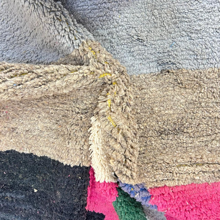 Vintage Moroccan wool rug 869 – handmade Berber carpet with color blocks in pink, green, blue, and orange. 232 × 190 cm (7.61 × 6.23 ft).