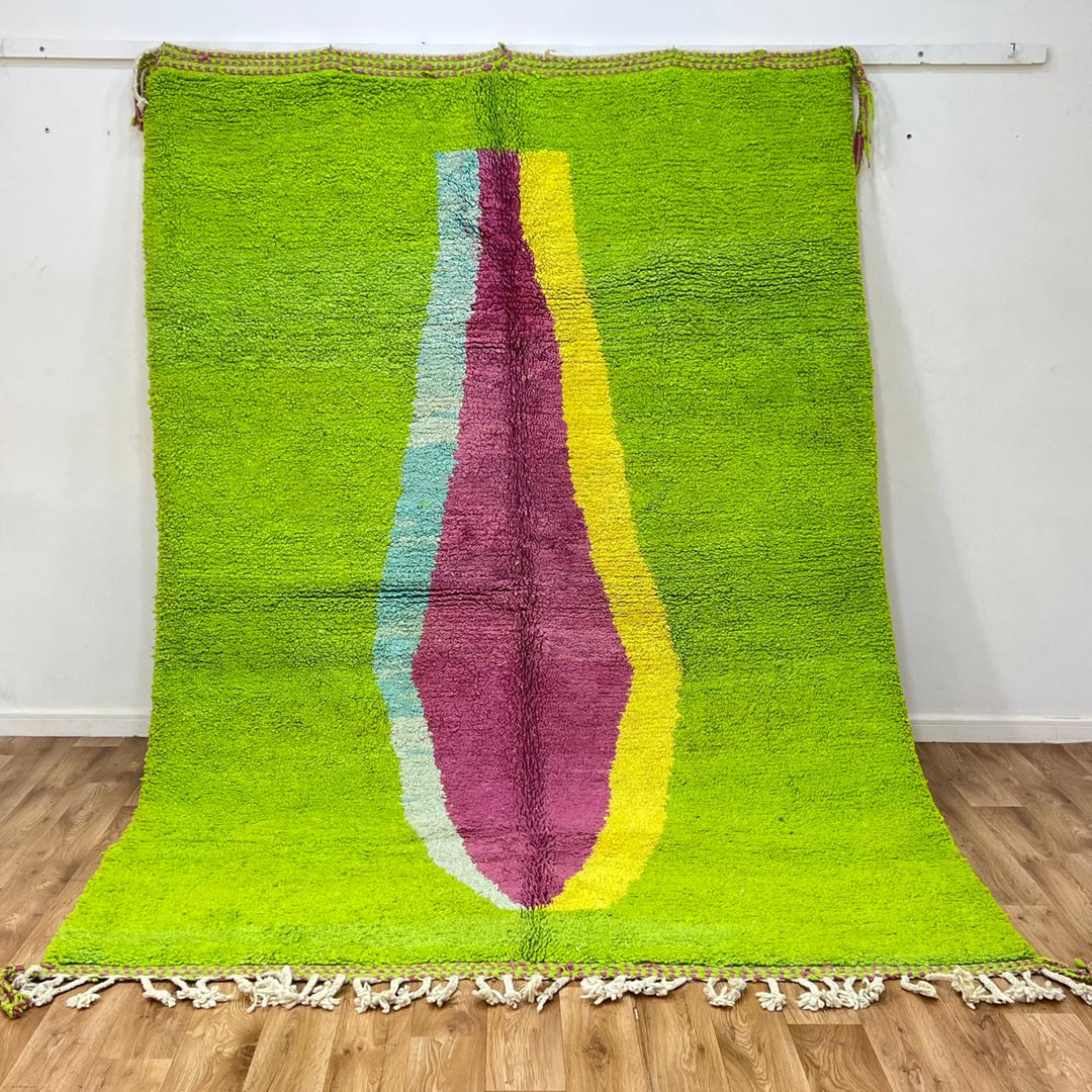 Vintage Moroccan wool rug 877 – handmade Berber carpet with lime green base and pink-yellow abstract stripe, 299 × 206 cm (9.81 × 6.75 ft).