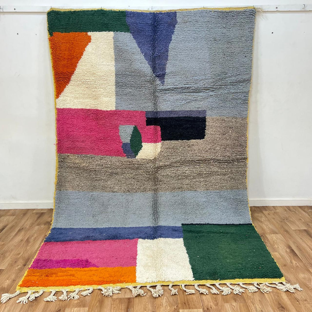 Vintage Moroccan wool rug 869 – handmade Berber carpet with color blocks in pink, green, blue, and orange. 232 × 190 cm (7.61 × 6.23 ft).