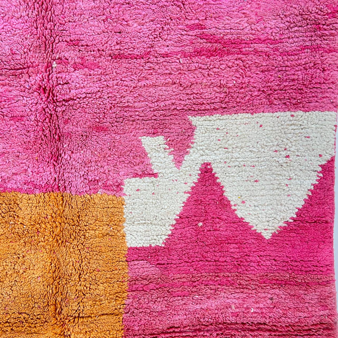 Vintage Moroccan wool rug 848 – handmade pink and orange Berber carpet, abstract color-block design, medium pile, 311 × 190 cm (10.20 × 6.23 ft).