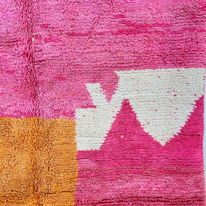 Vintage Moroccan wool rug 848 – handmade pink and orange Berber carpet, abstract color-block design, medium pile, 311 × 190 cm (10.20 × 6.23 ft).