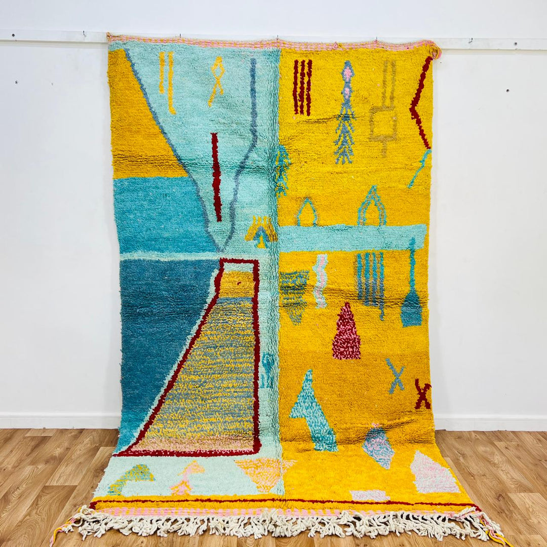 Vintage Moroccan Wool Rug 686 – Handmade Yellow Blue Berber Rug