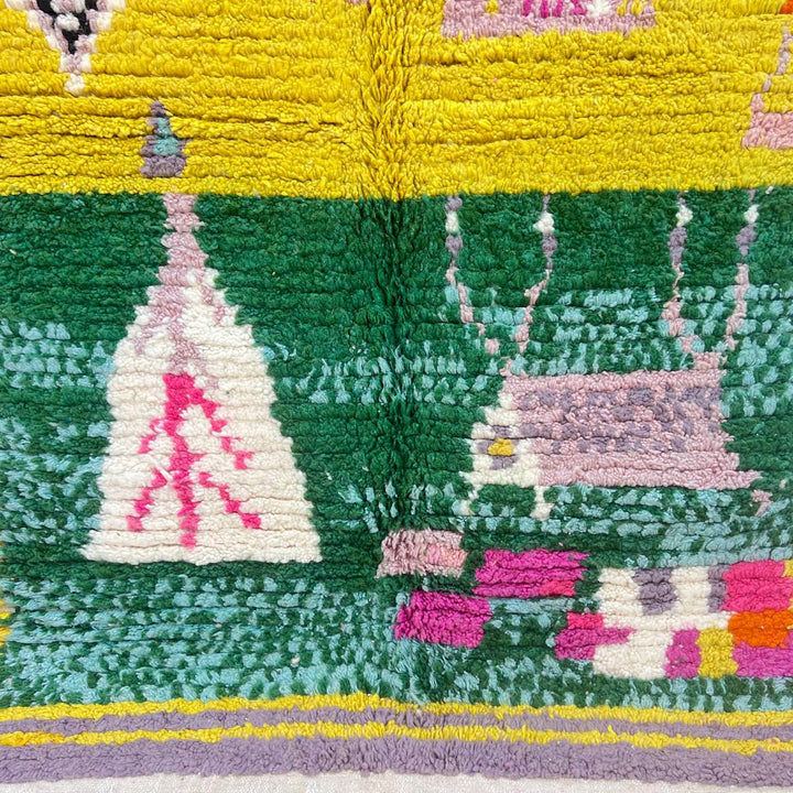 Vintage Moroccan Wool Rug 14 – handmade yellow and green Berber rug with colorful tribal motifs (211 × 126 cm).