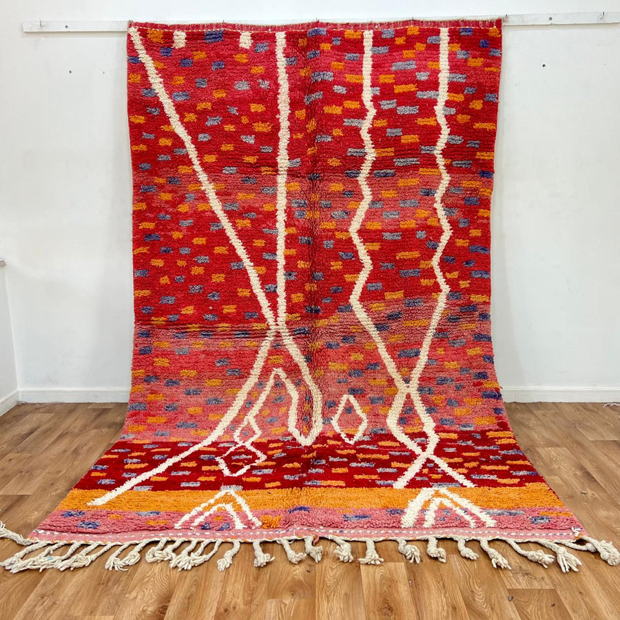 Vintage Moroccan wool rug 832 – handmade red and orange abstract Berber carpet with geometric details (292 × 190 cm / 9.57 × 6.23 ft).