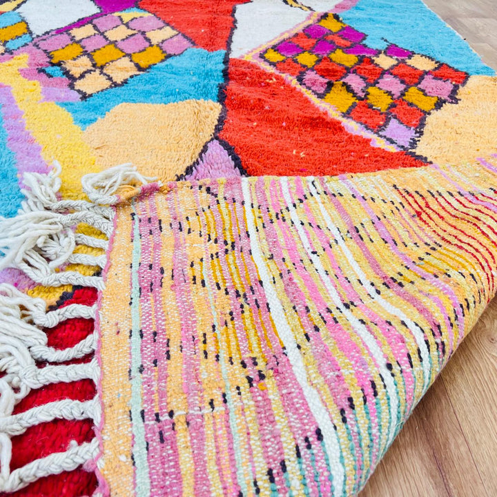 Vintage Moroccan wool rug with bold abstract geometric patterns in red, pink, yellow and blue, handwoven by Berber artisans – Rug 280