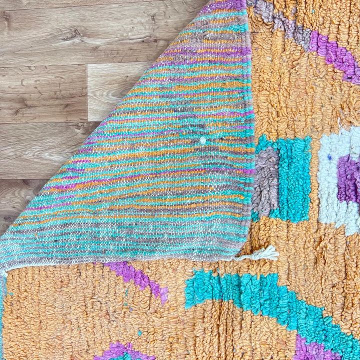 Vintage Moroccan wool rug 833 – handmade Berber carpet with orange, yellow, green, and purple tribal geometric patterns, 284 × 196 cm (9.31 × 6.43 ft).