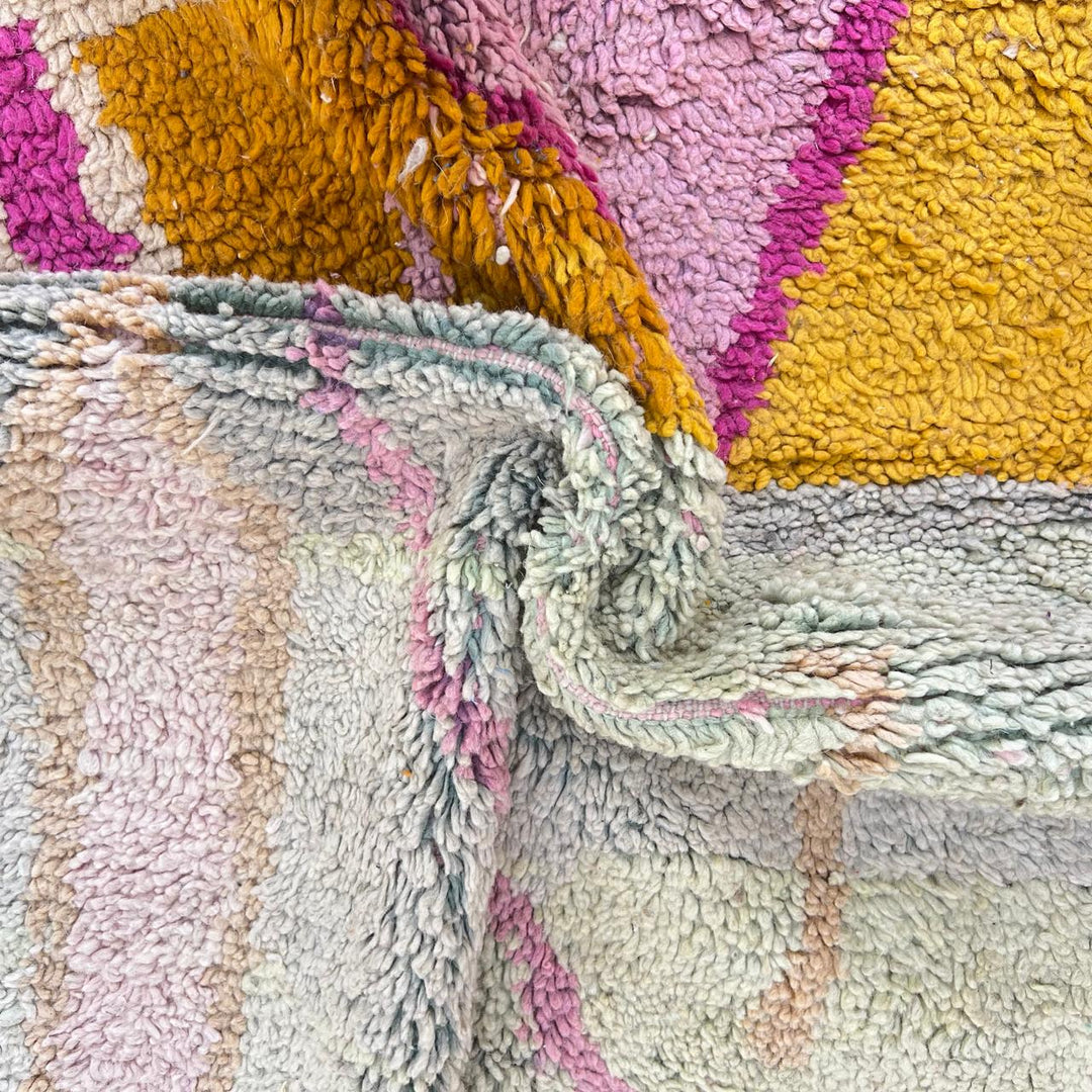 Vintage Moroccan wool rug 745 – handmade orange and pink Berber carpet with geometric diamond pattern (251 × 173 cm / 8.23 × 5.67 ft).