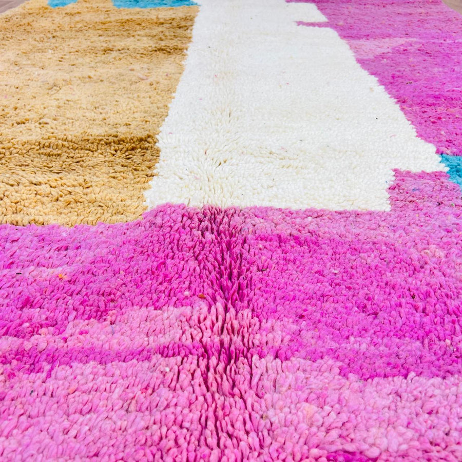 Vintage Moroccan rug handmade from wool with pink camel ivory color block design, 261x157 cm