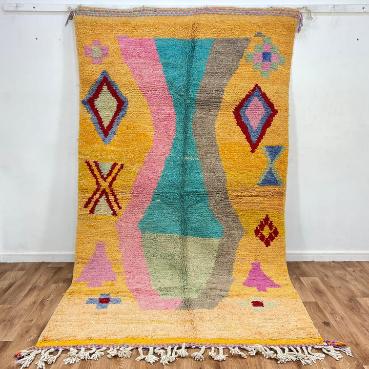 Vintage Moroccan Wool Rug – Yellow & Pink Abstract Berber Carpet 763