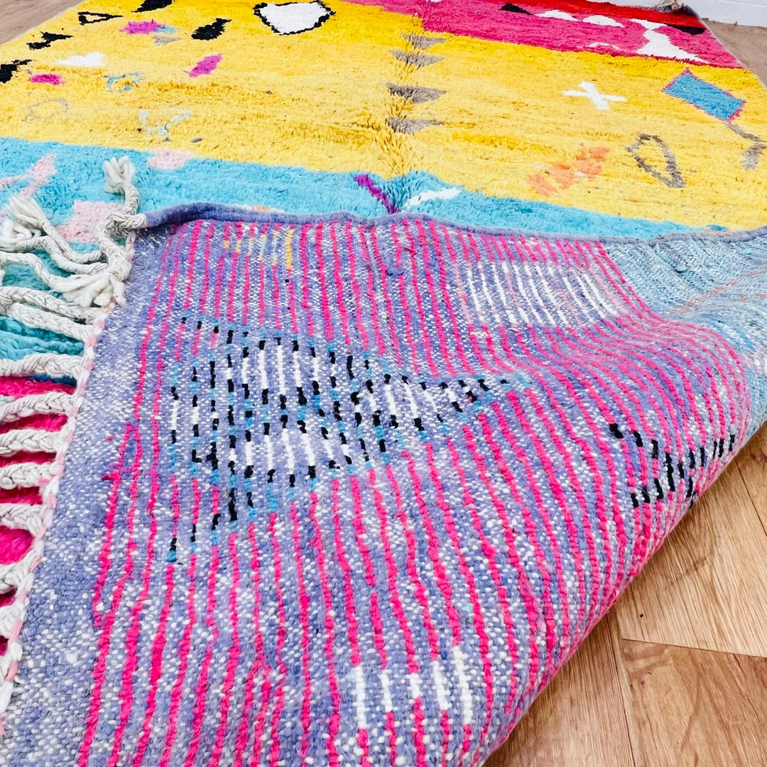 Vintage Moroccan wool rug with colorful geometric Berber patterns in yellow, pink, turquoise and ivory, handmade in Morocco, rug 461