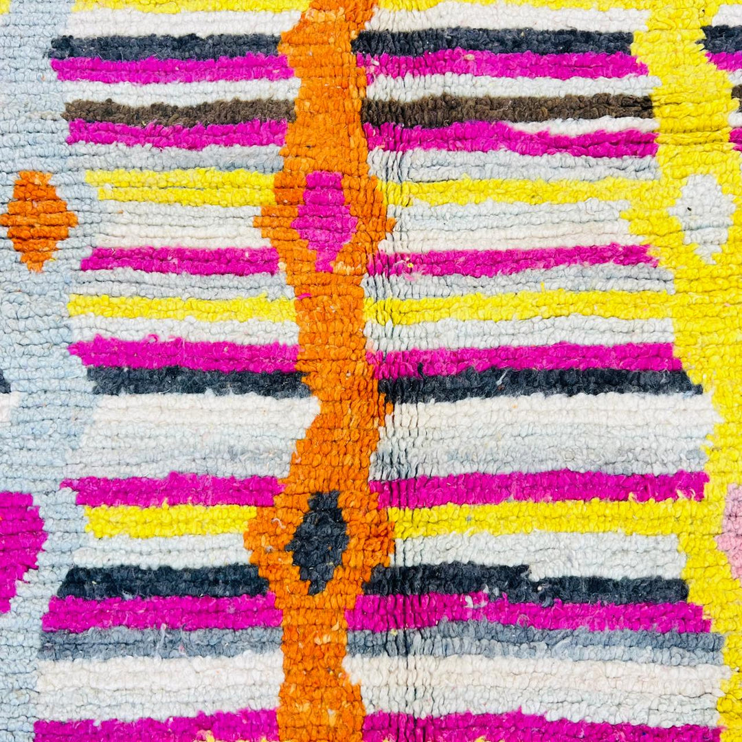 Vintage Moroccan striped wool rug with colorful geometric stripes, handmade Berber carpet 243x157 cm