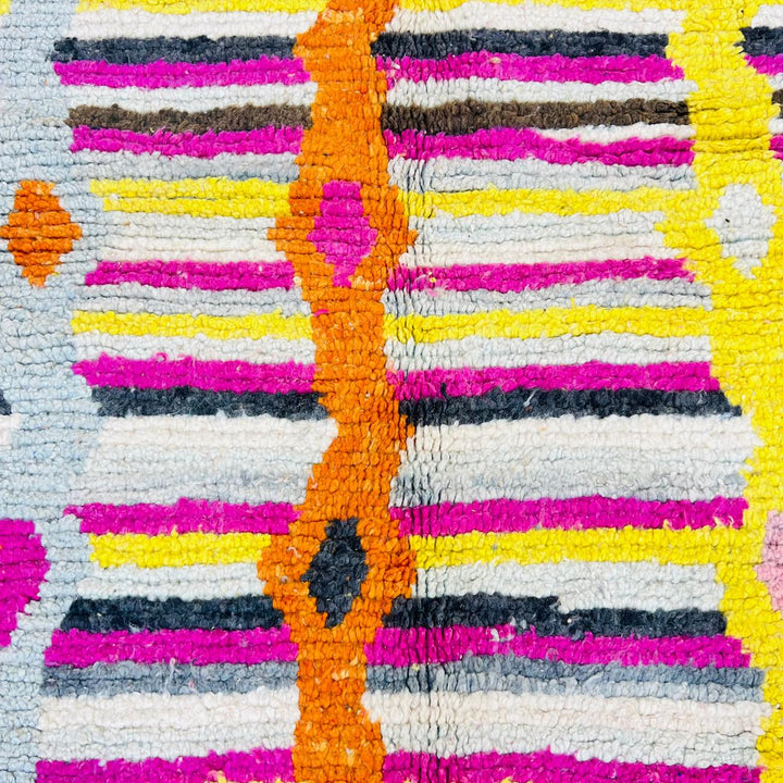 Vintage Moroccan striped wool rug with colorful geometric stripes, handmade Berber carpet 243x157 cm