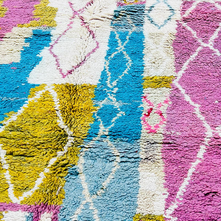 Vintage Moroccan wool rug with pastel geometric Berber pattern in pink, blue and beige