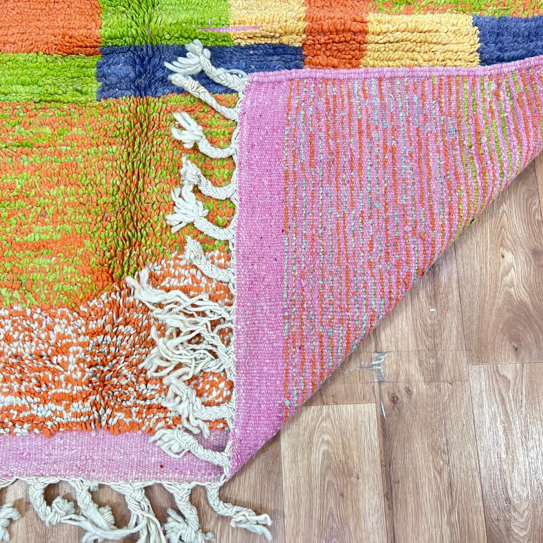 Vintage Moroccan wool rug 769 – handmade colorful abstract Berber carpet in orange, yellow and pink (262 × 156 cm / 8.59 × 5.11 ft).